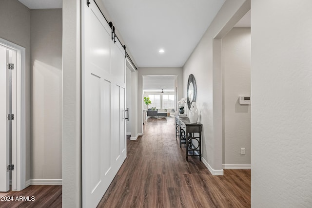 hallway featuring dark hardwood / wood-style floors and a barn door