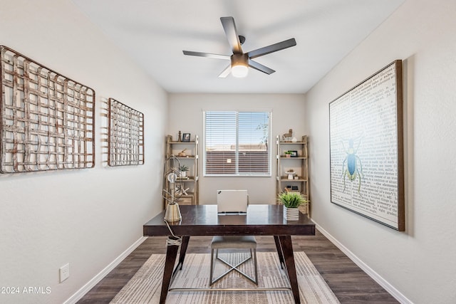 office area featuring hardwood / wood-style floors and ceiling fan