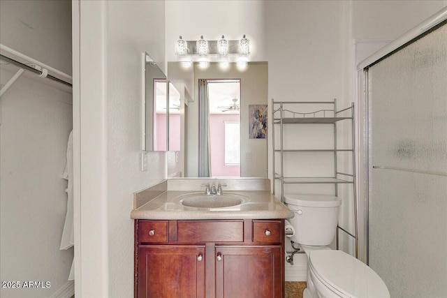 full bathroom featuring toilet, a shower stall, and vanity