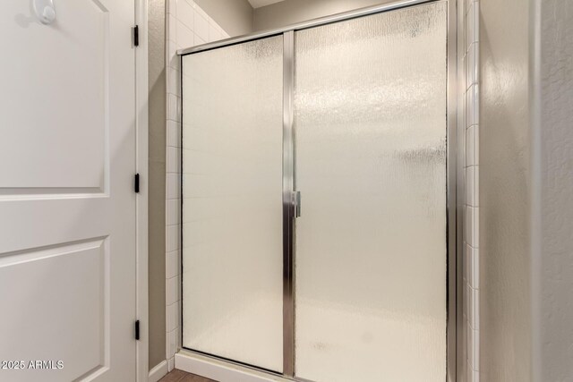 bathroom featuring a shower with shower door