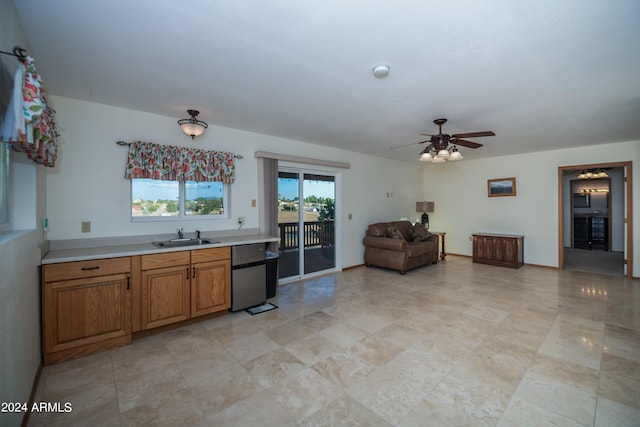 kitchen featuring ceiling fan, dishwasher, and sink