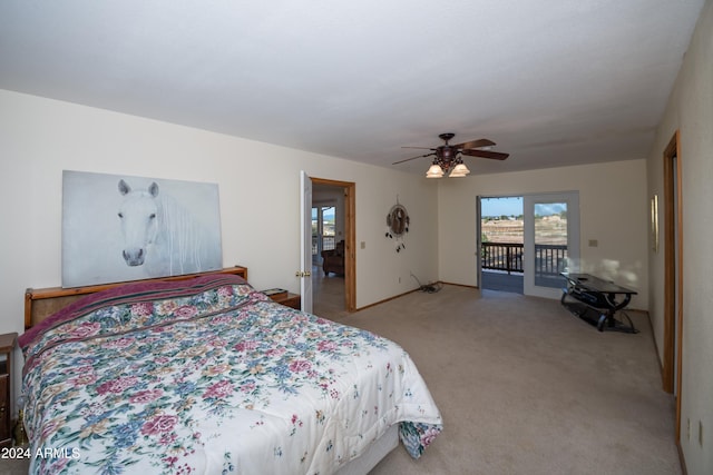 bedroom featuring access to exterior, ceiling fan, and light carpet