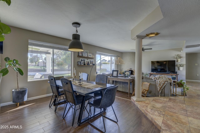 dining room with dark hardwood / wood-style floors and ceiling fan