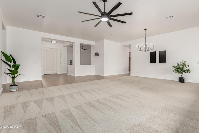 13204 W Palo Verde Dr, Litchfield Park, AZ 85340 - unfurnished living room with ceiling fan, carpet floors, a chandelier, and baseboards