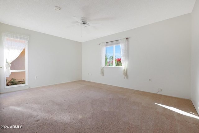 spare room featuring carpet flooring, ceiling fan, and a textured ceiling