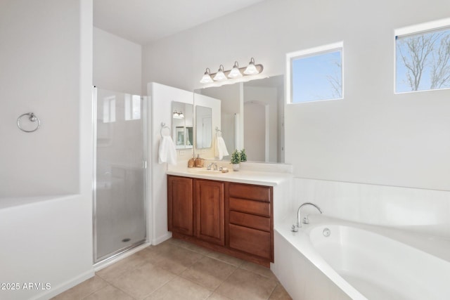 full bath with vanity, a shower stall, a bath, and tile patterned flooring