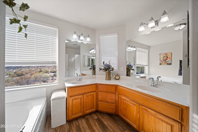 bathroom featuring vanity, hardwood / wood-style flooring, and a bathtub