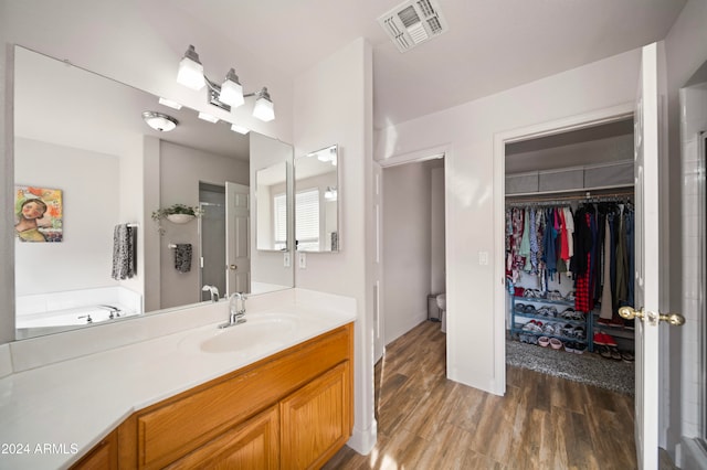 bathroom featuring a bathing tub, vanity, and wood-type flooring