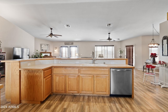 360 Bonita Dr, Wickenburg, AZ 85390 - kitchen with stainless steel dishwasher, a ceiling fan, open floor plan, and light countertops