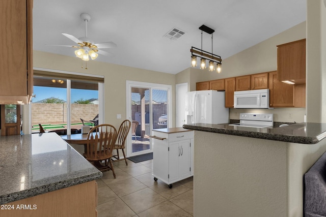 kitchen with white appliances, a center island, hanging light fixtures, light tile patterned flooring, and ceiling fan