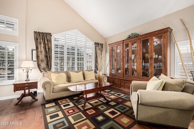 living area featuring high vaulted ceiling and dark wood-style flooring