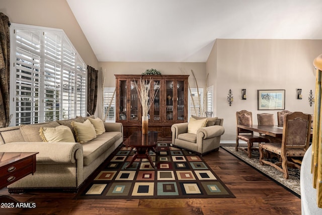 living area featuring vaulted ceiling and wood finished floors