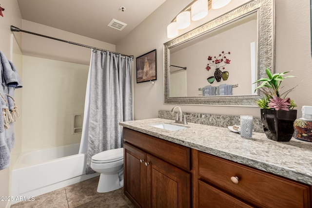 full bath featuring shower / tub combo, visible vents, toilet, tile patterned flooring, and vanity