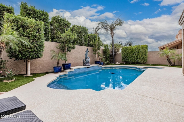 view of pool featuring a fenced backyard, a fenced in pool, and a patio