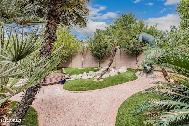 view of property's community with a lawn and a fenced backyard