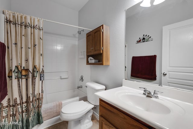 full bathroom with shower / bathtub combination with curtain, vanity, and toilet