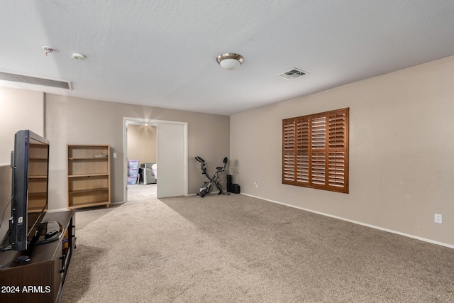 exercise area with light carpet and a textured ceiling