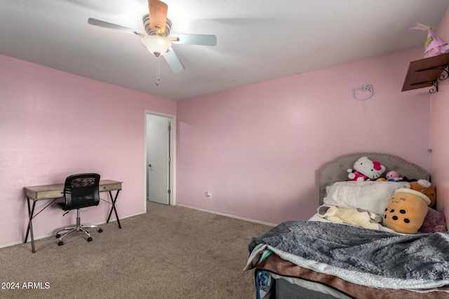 bedroom featuring ceiling fan and carpet floors