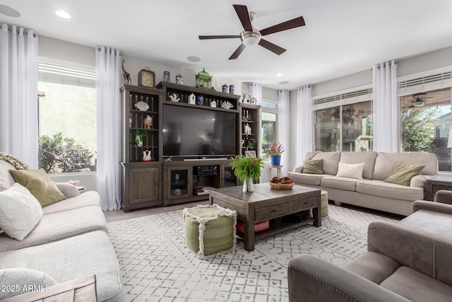 living room with ceiling fan