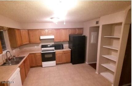 kitchen with a sink, freestanding refrigerator, electric range, ventilation hood, and dishwasher