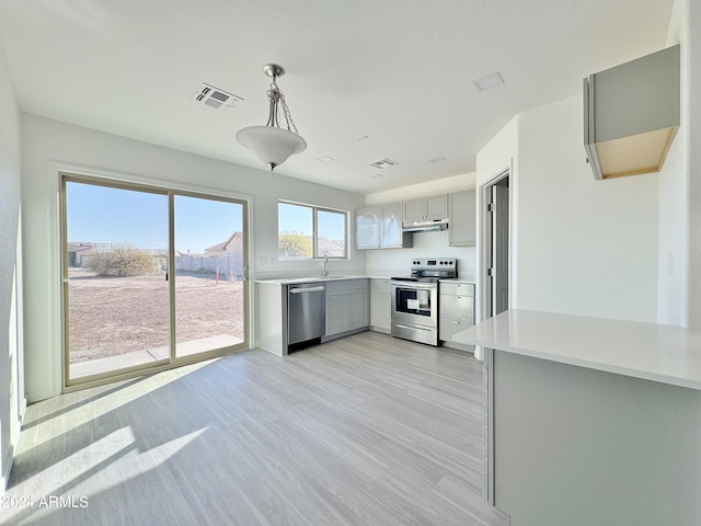 kitchen with gray cabinetry, sink, hanging light fixtures, light hardwood / wood-style floors, and appliances with stainless steel finishes