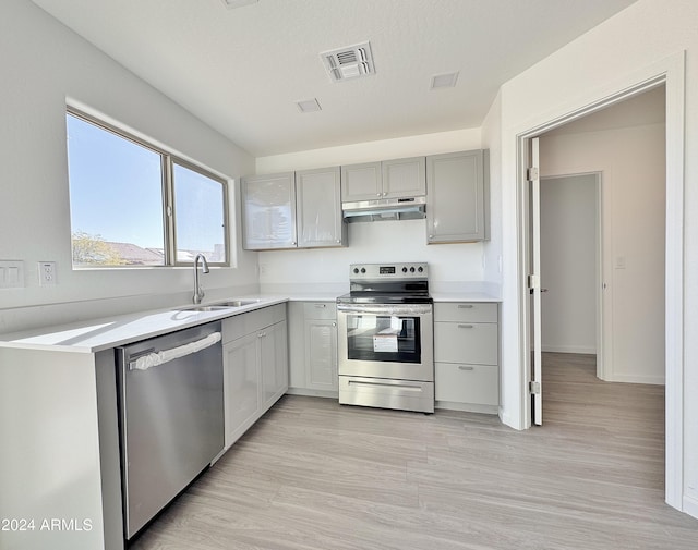 kitchen featuring gray cabinetry, sink, light hardwood / wood-style floors, a textured ceiling, and appliances with stainless steel finishes