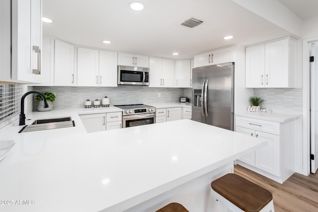 kitchen featuring kitchen peninsula, sink, white cabinetry, a kitchen bar, and stainless steel appliances