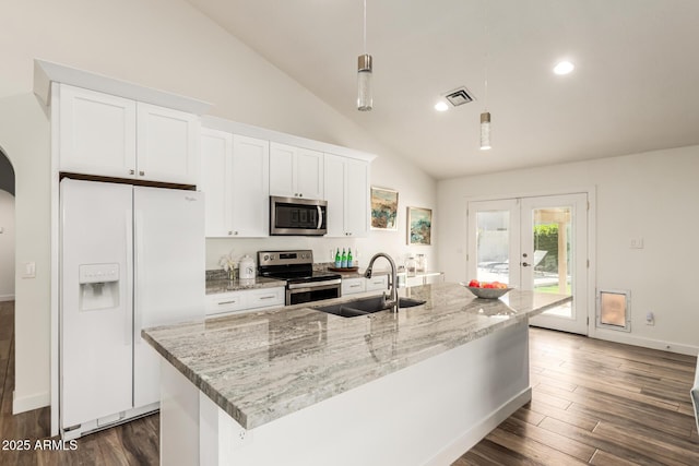 kitchen featuring white cabinetry, french doors, sink, stainless steel appliances, and a kitchen island with sink