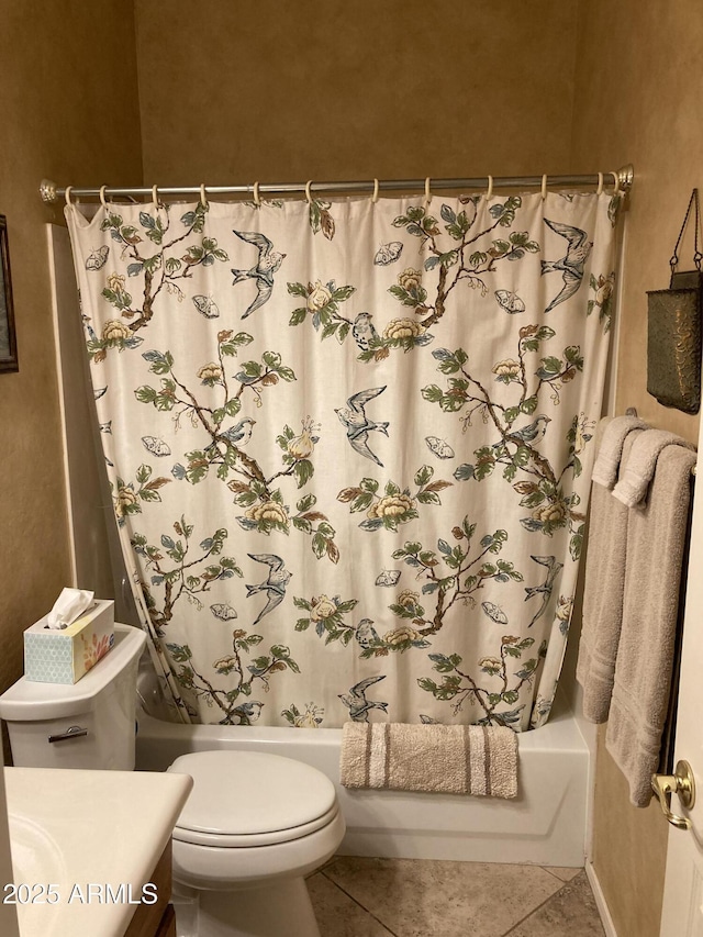 full bathroom with tile patterned flooring, vanity, shower / bath combination with curtain, and toilet