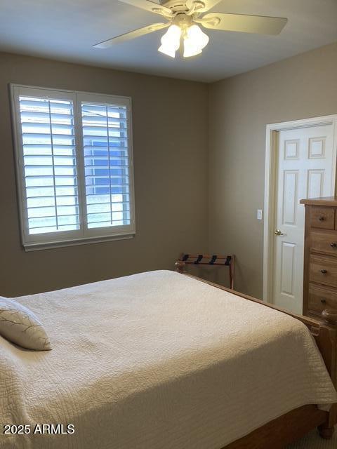 bedroom with multiple windows and ceiling fan