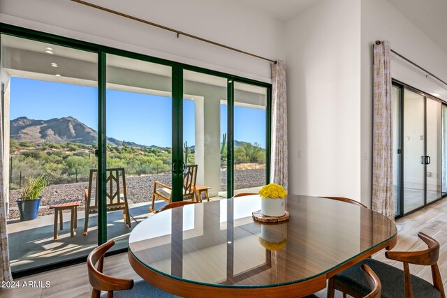 dining room featuring a mountain view, light hardwood / wood-style flooring, and a healthy amount of sunlight