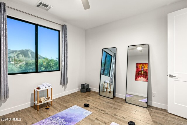 workout area featuring ceiling fan, a mountain view, and light hardwood / wood-style floors