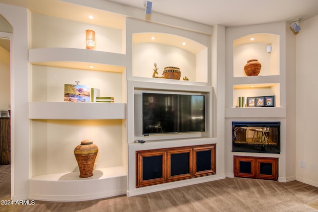 living room with carpet flooring and built in shelves