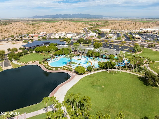 bird's eye view featuring a water and mountain view