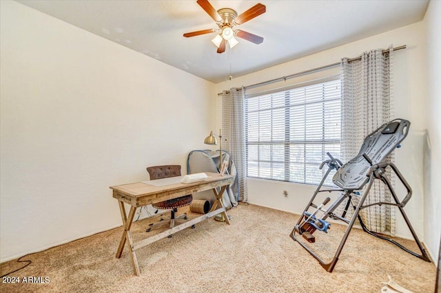 carpeted office with ceiling fan