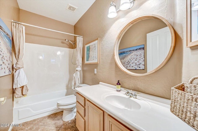 full bathroom with toilet, vanity, shower / bathtub combination with curtain, and tile patterned flooring