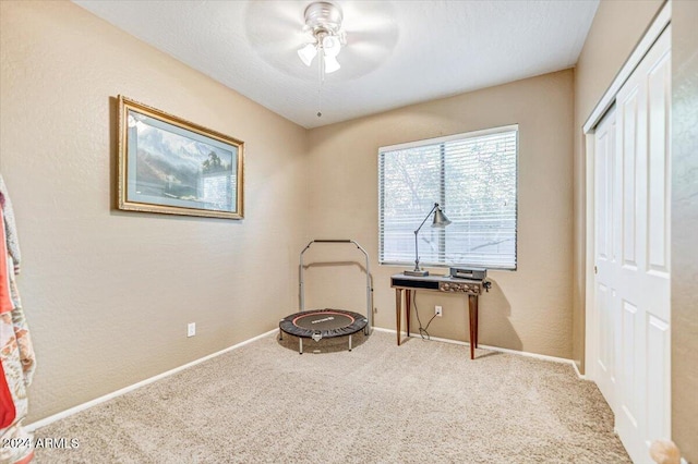 misc room with carpet and ceiling fan