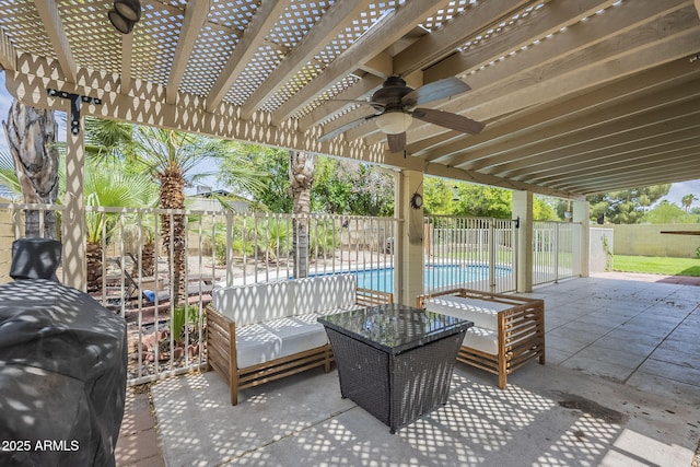5330 E Tierra Buena Ln, Scottsdale, AZ 85254 - view of patio with a pergola, ceiling fan, a fenced backyard, and an outdoor living space