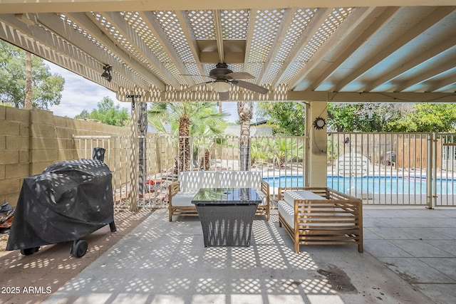 5330 E Tierra Buena Ln, Scottsdale, AZ 85254 - view of patio featuring ceiling fan, a fenced backyard, area for grilling, an outdoor hangout area, and a pergola