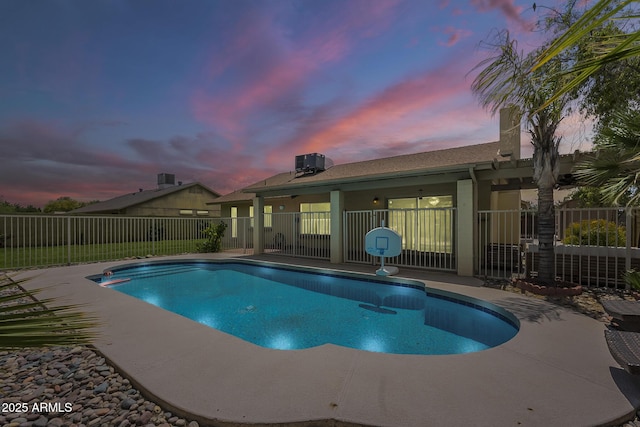 5330 E Tierra Buena Ln, Scottsdale, AZ 85254 - view of swimming pool with central AC unit, fence, and a patio