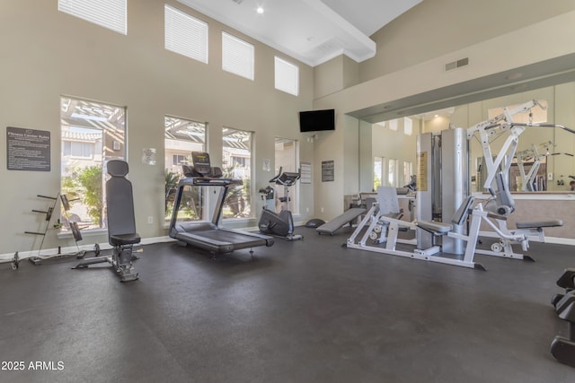 workout area featuring a towering ceiling