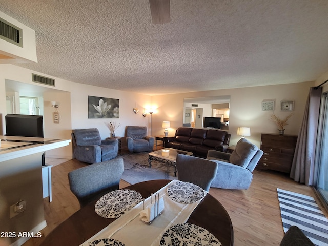 living room with a textured ceiling and light hardwood / wood-style floors