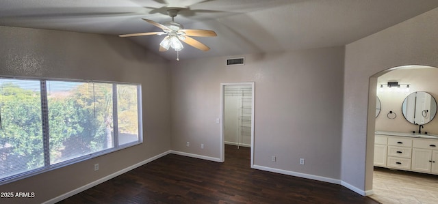 unfurnished bedroom featuring sink, a spacious closet, dark wood-type flooring, and lofted ceiling