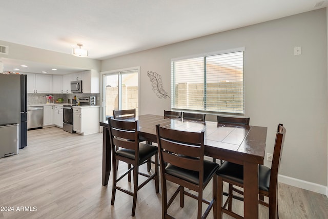 dining space featuring light wood-type flooring