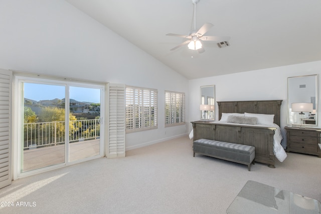 bedroom with high vaulted ceiling, access to exterior, ceiling fan, and carpet floors