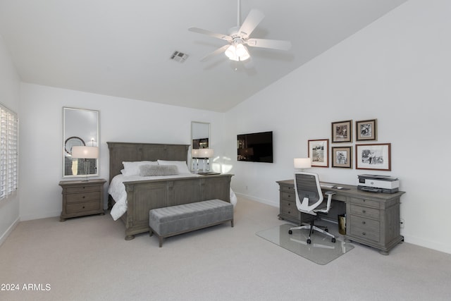 bedroom featuring carpet, ceiling fan, and high vaulted ceiling