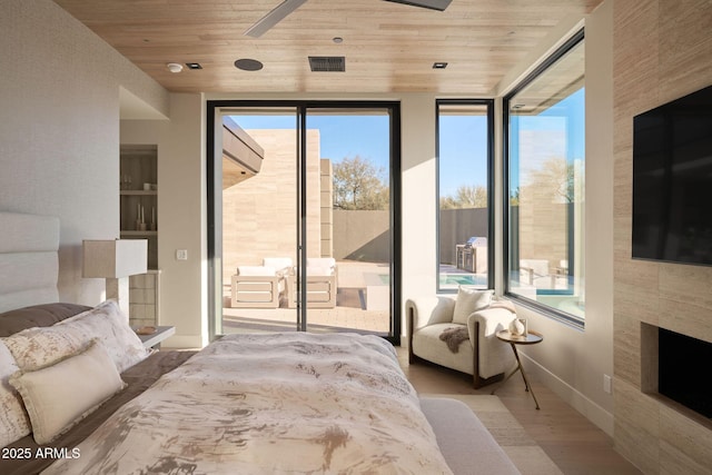 bedroom featuring light hardwood / wood-style floors and wood ceiling