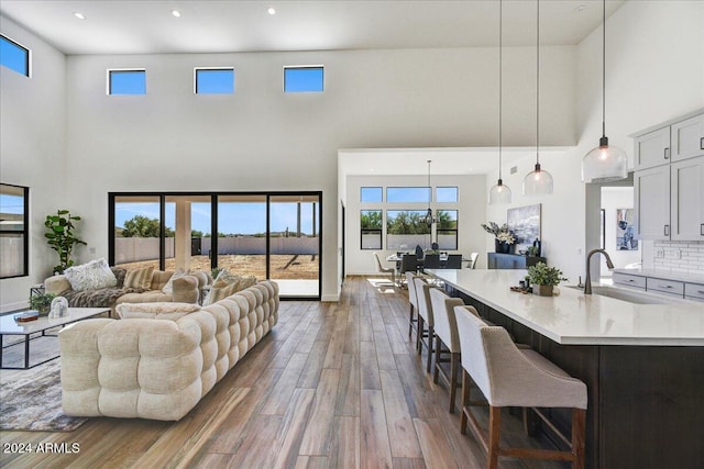 living room featuring a towering ceiling, dark hardwood / wood-style floors, and sink