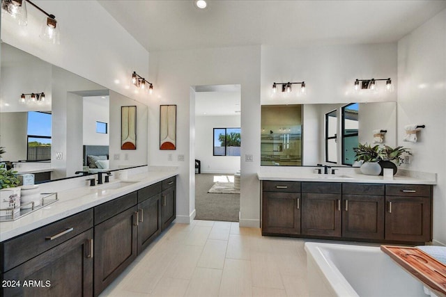 bathroom with vanity and plus walk in shower