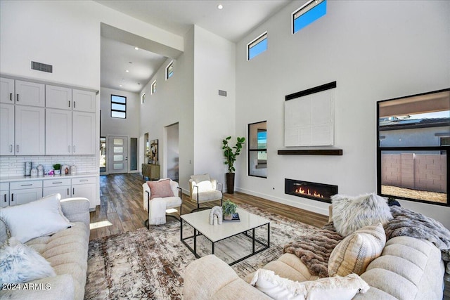 living room with dark hardwood / wood-style floors and a wealth of natural light